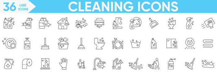 Cleaning line icon vector and illustrator set.Housekeeping, laundry, hand soap, service, Maid cleaner, Hygiene concept, cleaning, washing and more.Editable stroke.