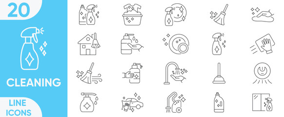 Cleaning line icon vector and illustrator set.Housekeeping, laundry, hand soap, service, Maid cleaner, Hygiene concept, cleaning, washing and more.Editable stroke.