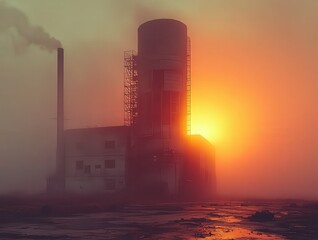 Industrial silhouette at sunrise, shrouded in mist, howcasing a factory with soke and warm hues, perfectfor themes of energy, envionment, and urban landscaps.