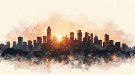 Sunrise Over Modern City Skyline with Fireworks Bright Colors Urban Landscape