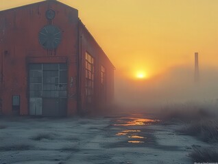 Misty sunrise over an abandoned industrial building,casting warm hues on weathred surfaces, evoking a sese of nostalgia and explortion in a tranquil setting