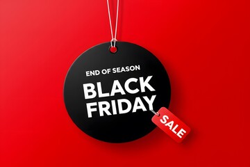 A minimalist graphic design for Black Friday, Black Friday sale tag circle banner and the rope hanging on red background, hanging from white strings, a vibrant red background.large black circular tags