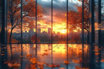 Stunning sunset view through glass walls, showcasingvibrant autumn foliage anda reflective floor, perfec for modern living spaces r serene retreats.