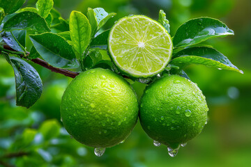 Fresh green lime on the tree.
