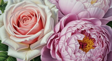 Delicate Pink and White Roses and Peonies Blooming in a Garden