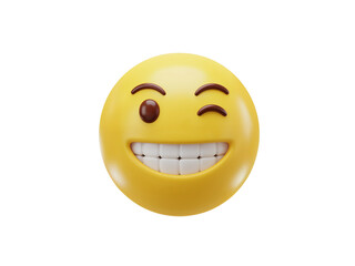 Fototapeta premium A cheerful yellow emoji with a wide grin and a playful wink conveying happiness and excitement isolated on transparent background