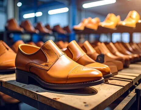 Tan leather shoes on wooden shelves in a factory