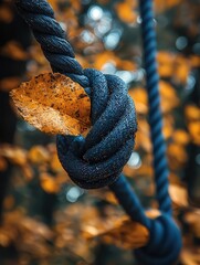 Close-up of a knotted rope adorned with an autumn lef, set against a backdrop f vibrant fall foliage, evking a sense of natures beuty and tranquility.