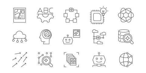 Artificial intelligence icon set, future technology for automation, assistance, prediction, suggestion and data processing deep learning