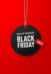 hanging from white strings, vibrant red background. Black Friday sale tag circle banner and the rope hanging on red background, minimalist graphic design for Black Friday. A large black circular tag.