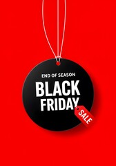 vibrant red background. Black friday sale tag circle banner and the rope hanging on red background, minimalist graphic design for Black Friday. A large black circular tag, hanging from white strings, 