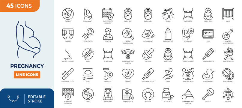 Pregnancy line editable Icons set. Contain icons related to motherhood, fertility, hormone therapy, medical examination, and more. Editable stroke. Vector illustration