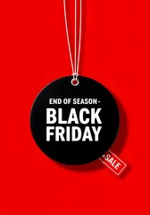 Black Friday sale tag circle banner and the rope hanging on red background, A minimalist graphic design for Black Friday. large black circular tag, hanging from white strings, a vibrant red background