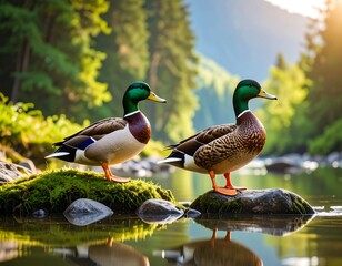 Two ducks on a riverbank