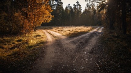 Naklejka premium A winding dirt path through an autumn forest, lined with golden leaves under soft sunlight. 