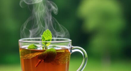A Refreshing Cup of Hot Mint Tea on a Sunny Day with Lush Green Background