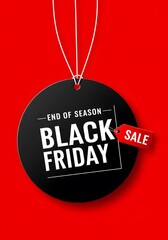 Black friday sale tag circle banner and the rope hanging on red background, hanging from white strings, a vibrant red background. A minimalist graphic design for Black Friday. large black circular tag