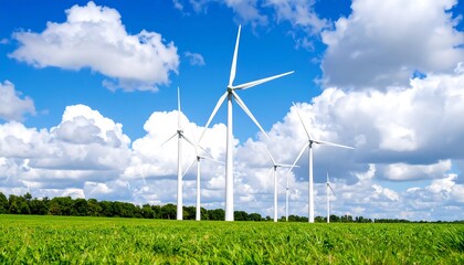 Several wind turbines stand tall in a field under a partly cloudy sky