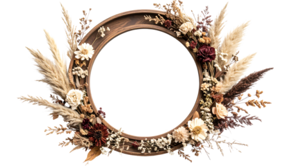 Dried floral arrangement in a circular wooden frame isolated on transparent background, showcasing autumnal colors and pampas grass.