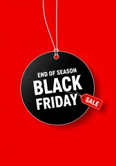 A minimalist graphic design for Black Friday, Black Friday sale tag circle banner and the rope hanging on red background, hanging from white strings, a vibrant red background.large black circular tags