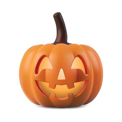 Pumpkin smile halloween 3d. Head face ghost glow and fly. Vector icon cute carved jack lantern mask, happy realistic emoji squash. Kids plastic sticker isolated. Orange helloween invitation element