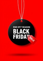 A minimalist graphic design for Black Friday, Black Friday sale tag circle banner and the rope hanging on red background, hanging from white strings, a vibrant red background.large black circular tags