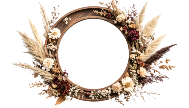 Dried floral arrangement in a circular wooden frame isolated on transparent background, showcasing autumnal colors and pampas grass.