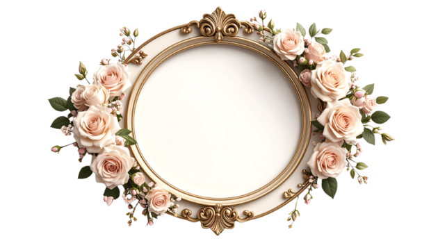 Elegant oval frame adorned with delicate pink roses and floral accents isolated on transparent background.