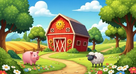 A Whimsical Farm Scene with a Red Barn and Playful Animals Enjoying a Sunny Day