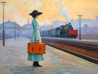 woman waiting for her train at busy urban railway station with suitcase