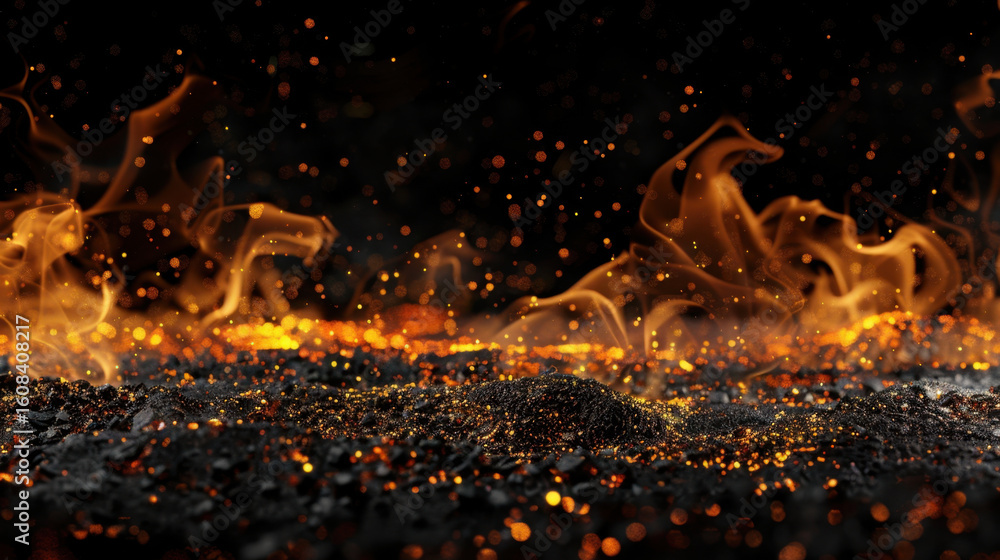 Poster glowing spark texture in dark space creates mesmerizing chaos of fiery flames and shimmering particl