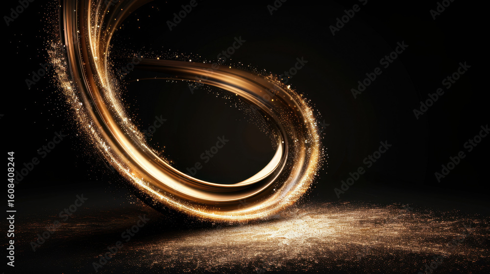 Poster glowing spark trail swirling in black background creates mesmerizing effect, showcasing dynamic flow