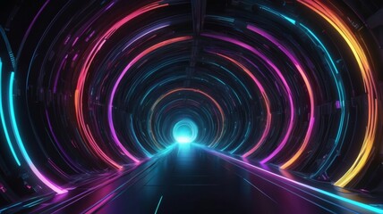 A vibrant, futuristic tunnel with glowing, multicolored neon rings leading to a bright light at the end.