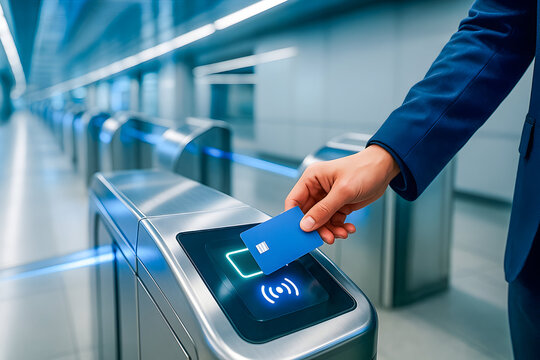 Close-Up of Businessman Using Access Card at Security Turnstile