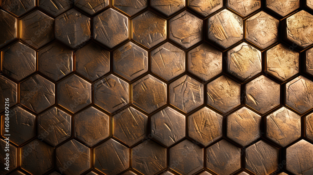 Poster golden honeycomb texture in metallic hexagonal pattern creates stunning visual effect, showcasing in