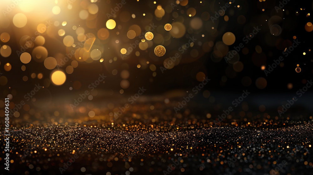 Poster golden sparkle particle texture floating in air creates magical atmosphere, enhancing beauty of any 