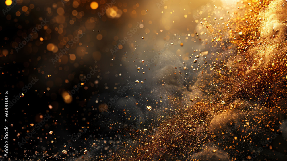 Poster golden dust texture floating in dark background creates mesmerizing visual effect, evoking sense of 