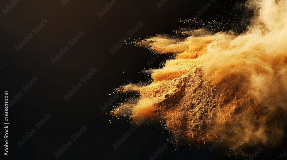 Poster golden dust texture floating in black background creates mesmerizing visual effect, evoking sense of