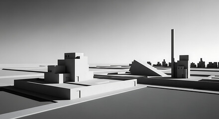 A minimalist architectural model of an industrial area, rendered in stark black and white with strong shadows.