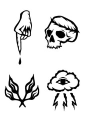 Set of dark and mystical vector illustrations: hand, skull, cloud