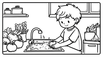 Child washing vegetables in a kitchen