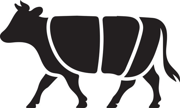 A black silhouette of a cow with butcher cut lines. Vector illustration of beef cuts for a meat shop.