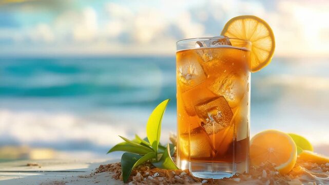 Refreshing long island iced tea cocktail served in a tropical beach setting with sandy shores and clear blue waters, perfect for summer vacation concepts. Copy space available.