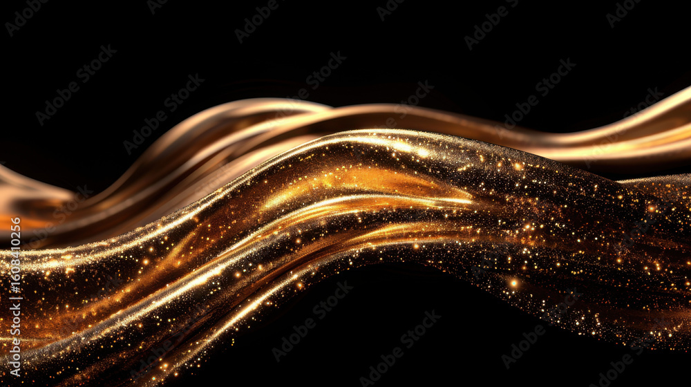 Poster golden glitter waves create mesmerizing visual effect with soft depth of field, evoking sense of ele