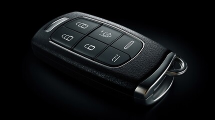 and keyword list based on the image

 Remote Key Fob with Buttons on Black Leather Surface Under Studio Lighting.