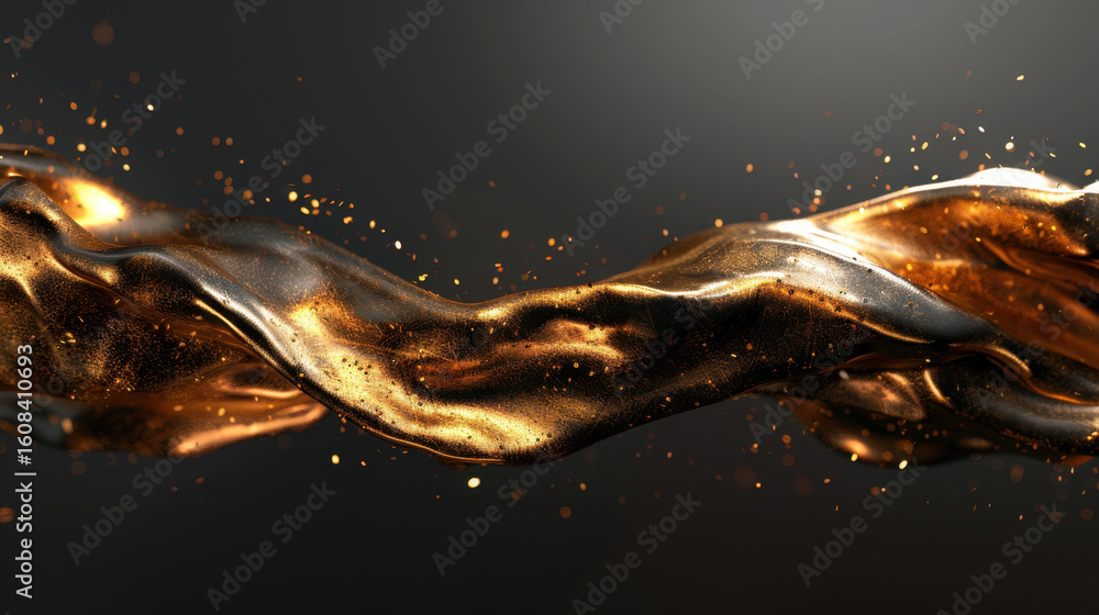 Poster golden particles cascade over smooth, flowing surface, creating mesmerizing visual effect. shimmerin