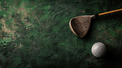 Golf club and ball are positioned on textured green background, creating striking visual contrast. worn club adds sense of history and character to scene, evoking passion for game