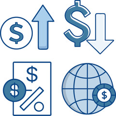 Financial icons depicting growth decline global finance and economic concepts clearly