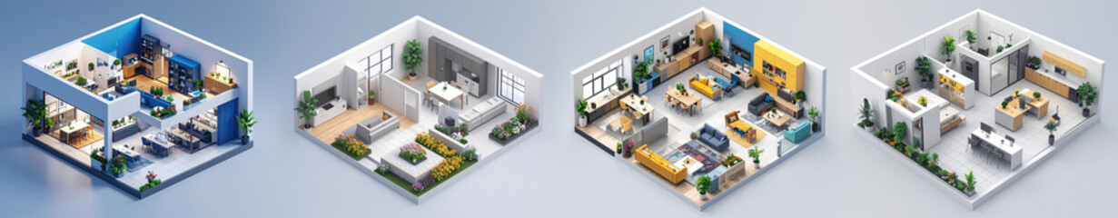 間取り インテリア 3D 俯瞰 建築 部屋 家具 デザイン ミニチュア 模型 リビング ダイニング 寝室 オフィス 植物 住宅 ショールーム 配置 レイアウト 現代的