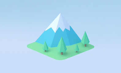 山 自然 風景 ローポリ 3Dイラスト ミニマル 雪 森林 青空 地面 木々 ジオメトリック シンプル パステルカラー アート グラフィック 背景 落ち着いた 清々しい 平和 幾何学的